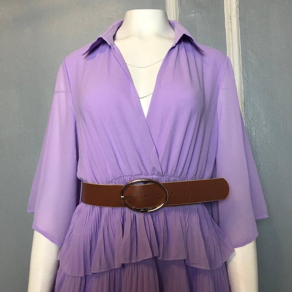 🍀 ZARA PLEATED RUFFLED LILAC DRESS WITH BELT_9
